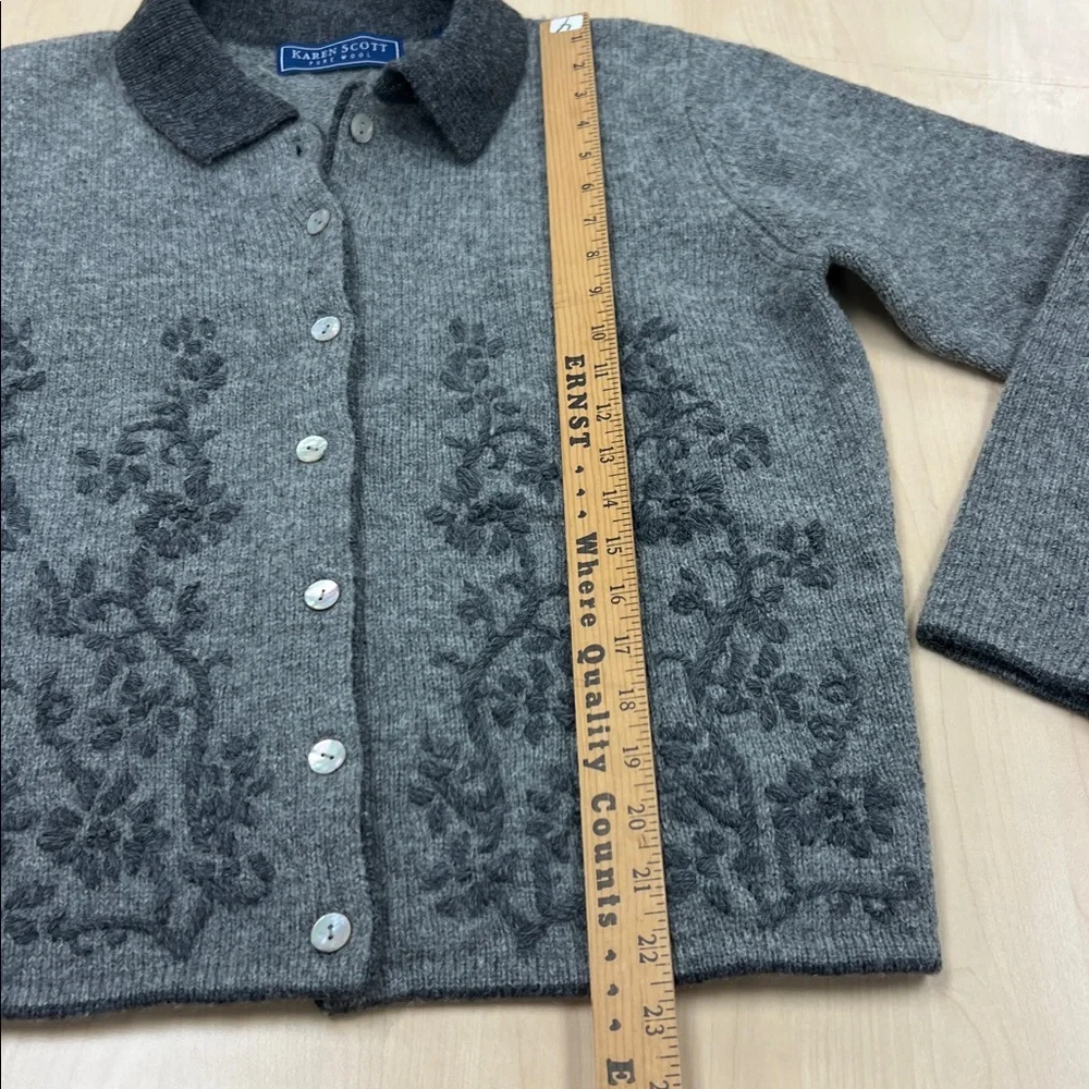 Karen Scott Pure Wool Gray Collared Button Front Embroidered Cardigan Blazer L